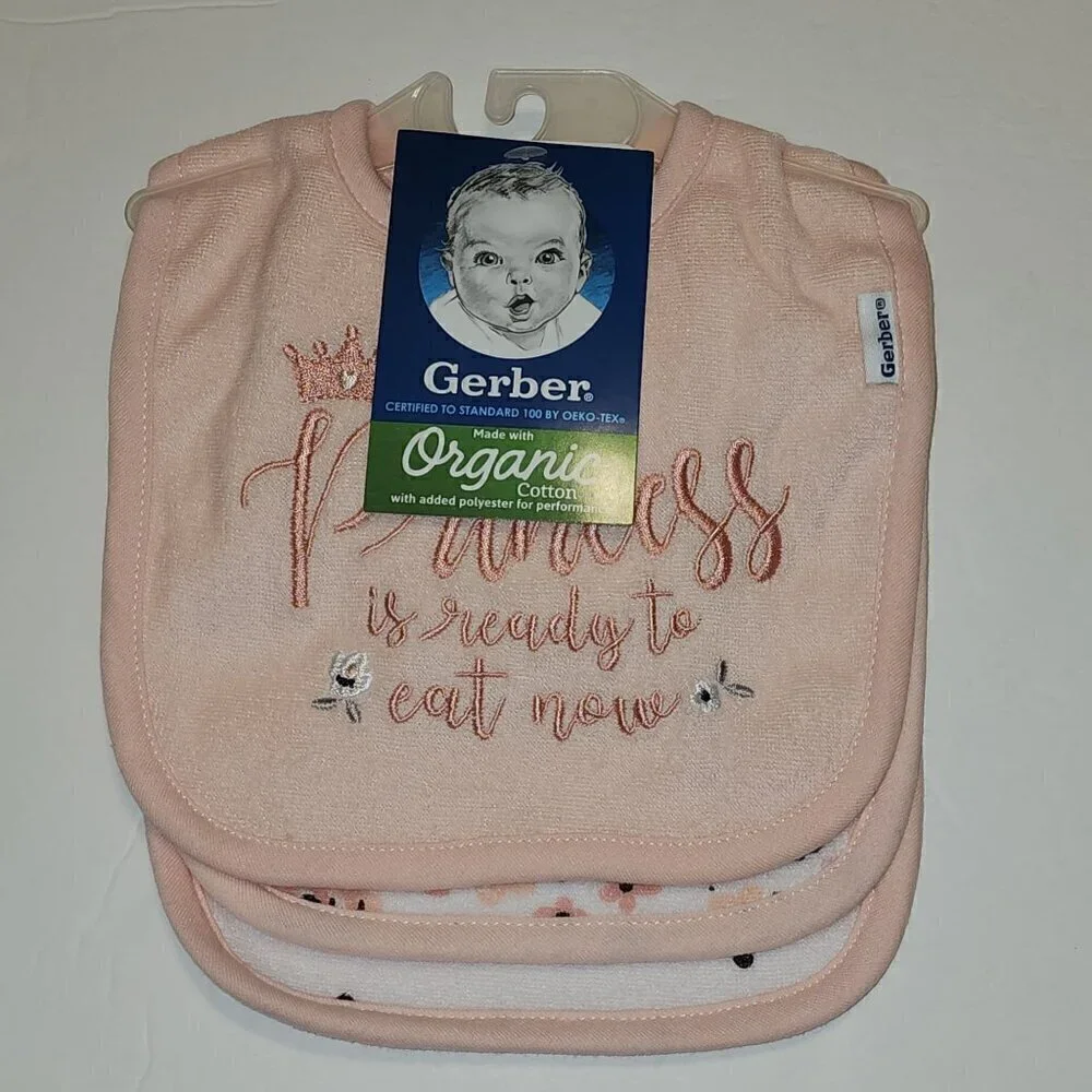 Gerber Organic baby girl bibs set of 3 Princess Floral